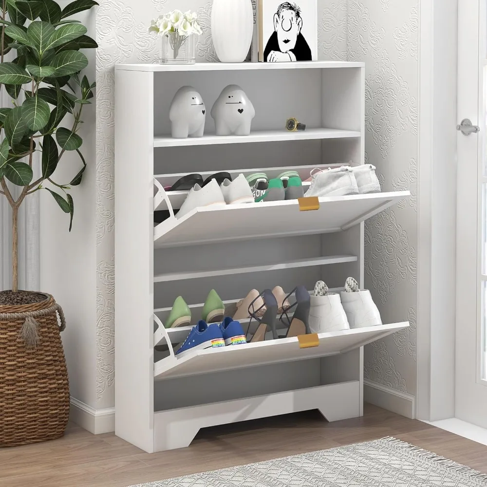 Entrance Shoe Cabinet with 2 Clamshell Drawers and Shelves, 3-tier Wooden Shoe Rack Cabinet for Hallway Apartment