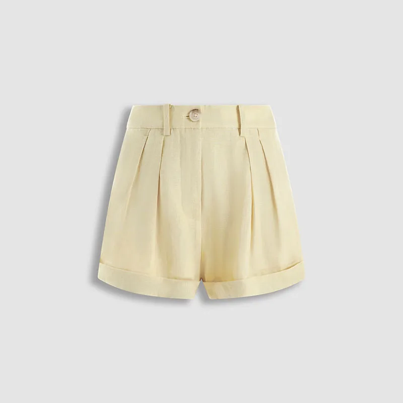 Women's high-waisted linen shorts - suitable for spring and summer, straight-cut, slim-fit, casual shorts for daily wear