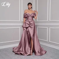 Lily Red Elegant Prom Gown V-Neck Off the Shoulder Party Dress for Woman Satin Pleating Side Split Evening Dresses Customized 2