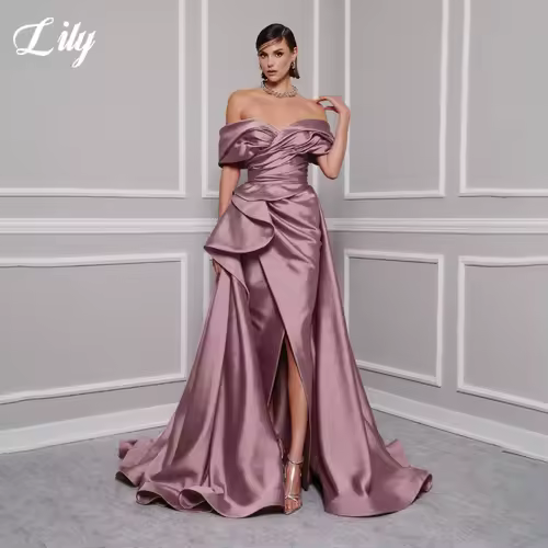 Lily Red Elegant Prom Gown V-Neck Off the Shoulder Party Dress for Woman Satin Pleating Side Split Evening Dresses Customized - Image 2