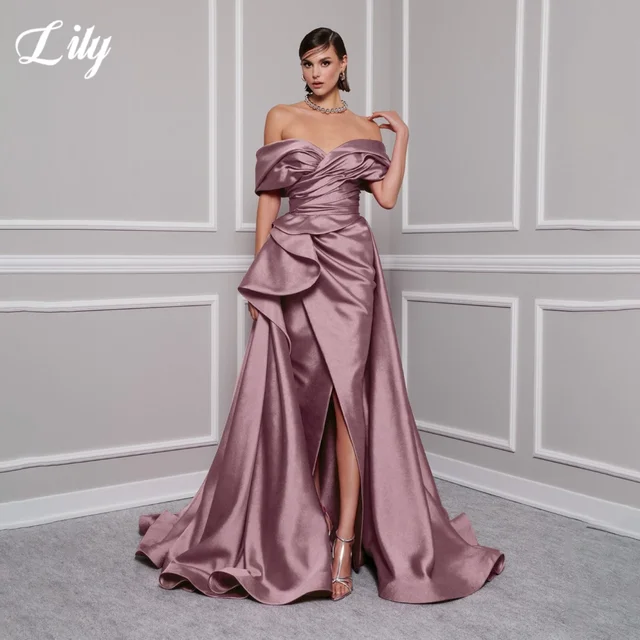 Lily Red Elegant Prom Gown V-Neck Off the Shoulder Party Dress for Woman Satin Pleating Side Split Evening Dresses Customized 2