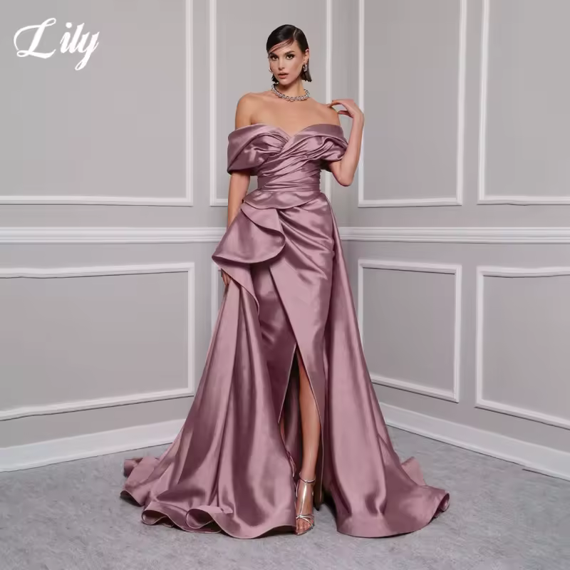 Lily Red Elegant Prom Gown V-Neck Off the Shoulder Party Dress for Woman Satin Pleating Side Split Evening Dresses Customized - Image 2