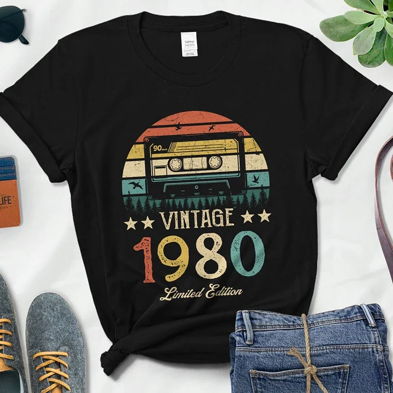 Vintage 1980 Limited Edition Retro Cassette Women T Shirt 45th 45 Years Old Birthday Party Girlfriend Gift Black T-shirt Femme