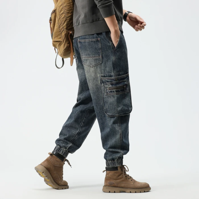 Jeans Kargo Longgar Gaya Jalanan Tinggi Dicuci Retro Musim Gugur Pria Celana Kasual Pakaian Kerja Ukuran Besar Kaki Meruncing Amerika Trendi