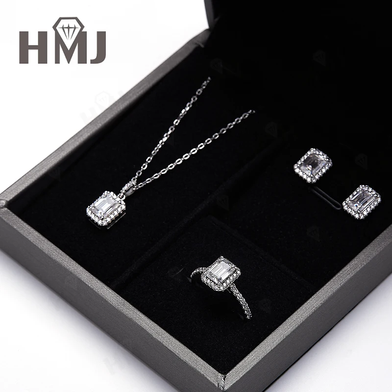 

925 Sterling Silver Jewelry Set Ring Earring Necklace Emerald Cut Moissanite Lab Grown Gemstones Charms Wholesale Wedding Ring