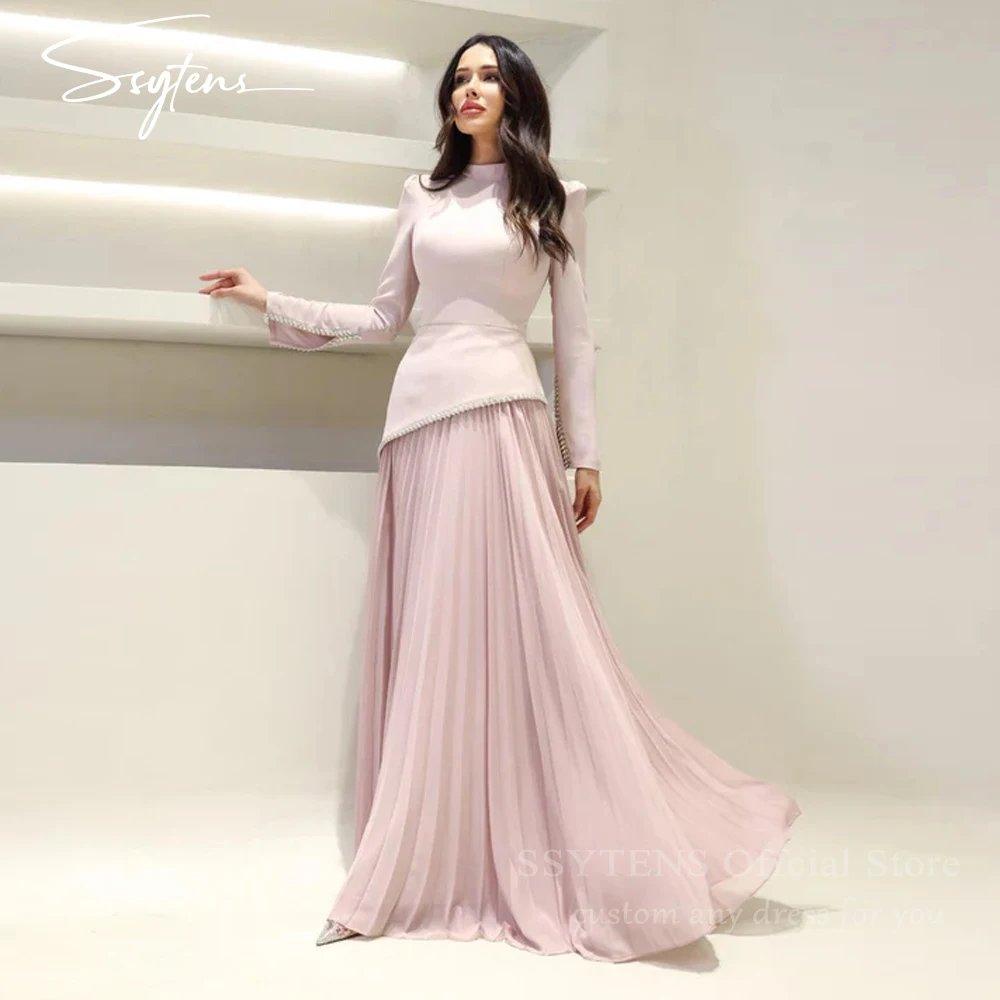 

SSYTENS Скромные креповые длинные вечерние платья Мусульманские платья для выпускного вечера с высоким воротником и длинными рукавами со складками Дубай Вечерние платья для выпускного вечера по индивидуальному заказу