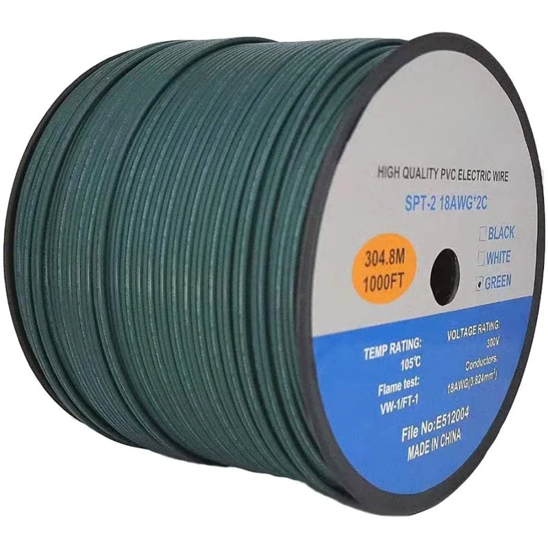 

SPT-2 18/2 Low Voltage Landscape Lighting Copper Wire - 1000 Feet Green 18 Gauge Wire 2-Conductor - UL Listed 18/2 Wire
