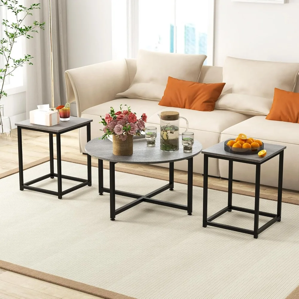 

Coffee Table Set of 3, Wood Grain Round Coffee Table and 2 Square End Side Tables with Metal Frame, Modern 3-Piece, Customized