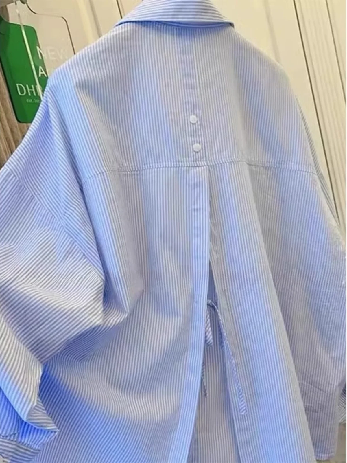 

plus Size Blue Striped Long Sleeve Women's Shirt Korean Loose Belly Covering Fashionable Open Cardigan Style Polyester Fiber