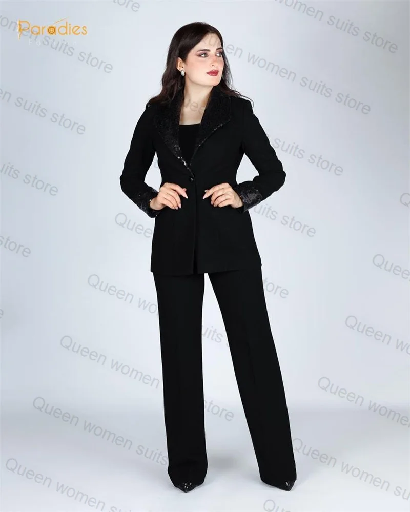 

Women Black Sequins Pants Suits Slim Fit Girls Blazer Sets 2 Pieces Custom Made Office Jacket for Lady Party Prom Wedding Wear