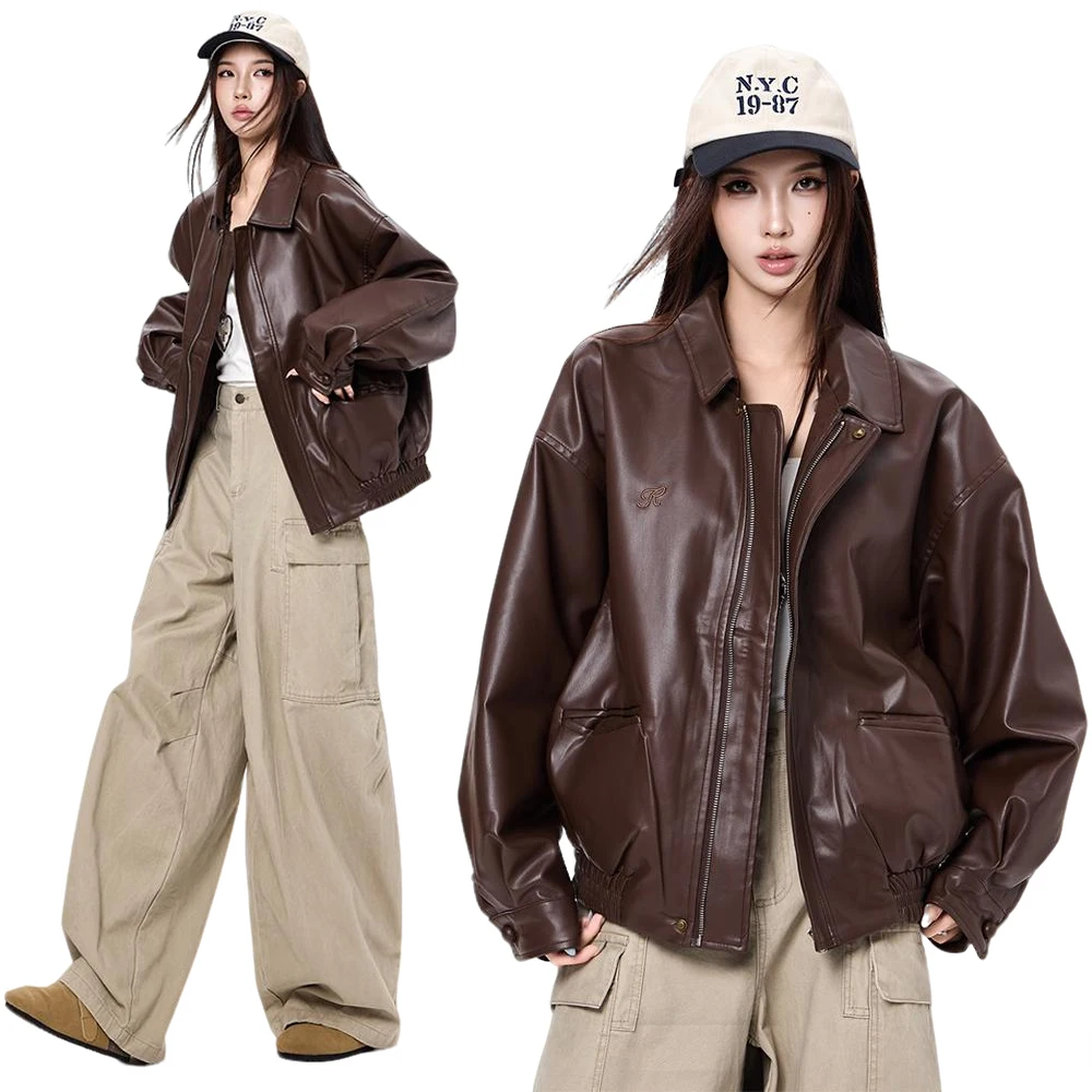 سترة نسائية كلاسيكية فضفاضة من الجلد الصناعي Pu قصيرة مع ملابس الشارع الشهير معطف نسائي بسحاب ريترو لسائقي الدراجات النارية معاطف خارجية للزوجين