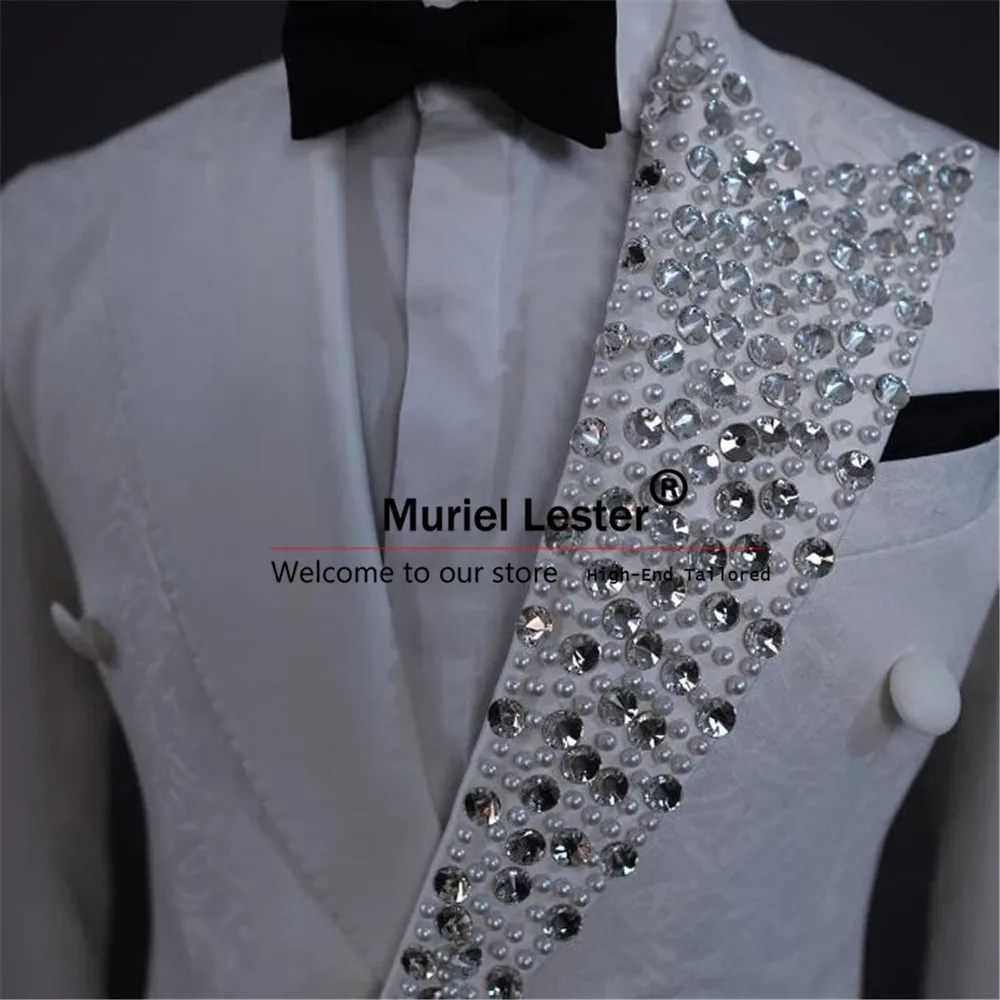 Glitter Diamond Beads Floral Suits Men For Wedding Double Breasted Jacket Pants 2 Pieces Bridegroom Tuxedos Bespoke Man Clothing