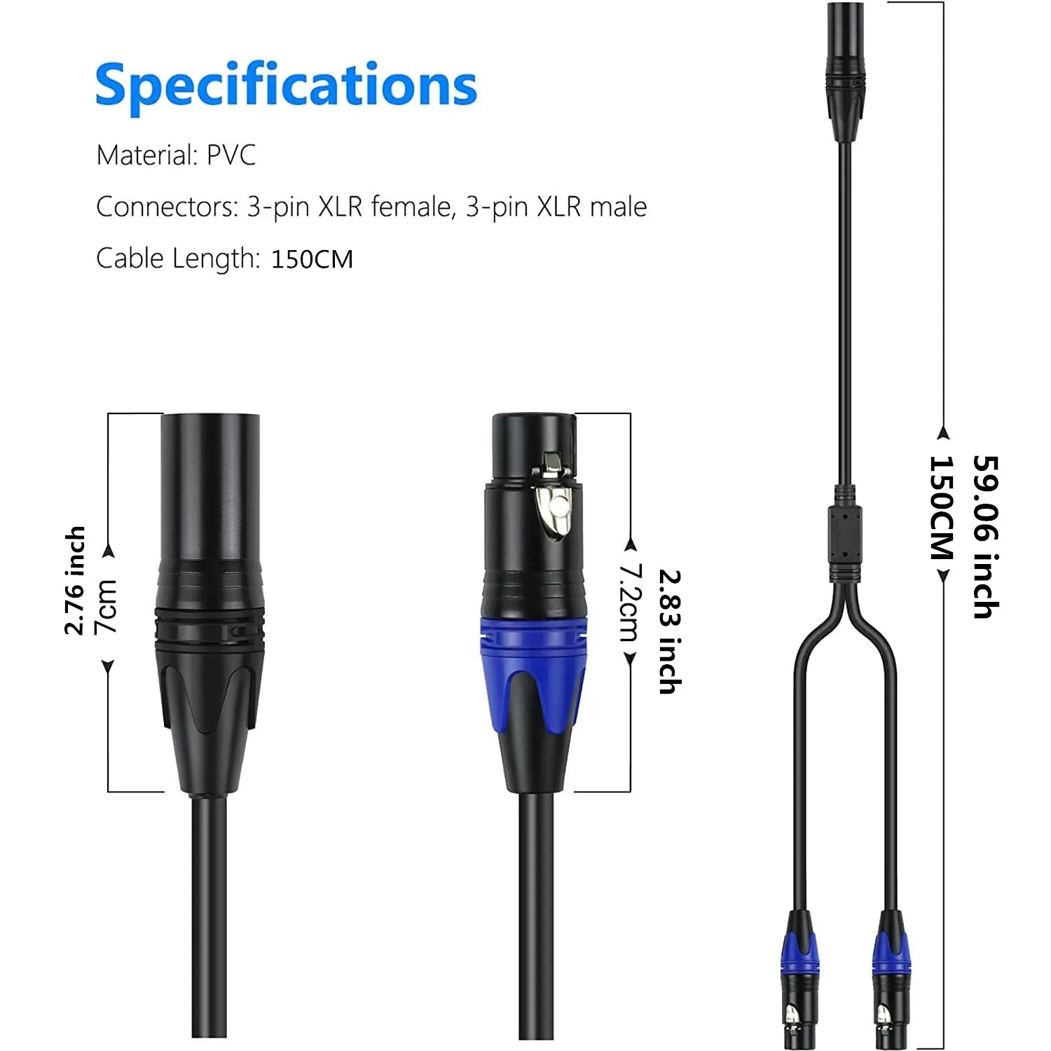 สายแยก XLR 1.5ม., 1 XLR ตัวเมียไปเป็น2 XLR ตัวผู้สาย Y อะแดปเตอร์แยกสายไมโครโฟนที่สมดุล