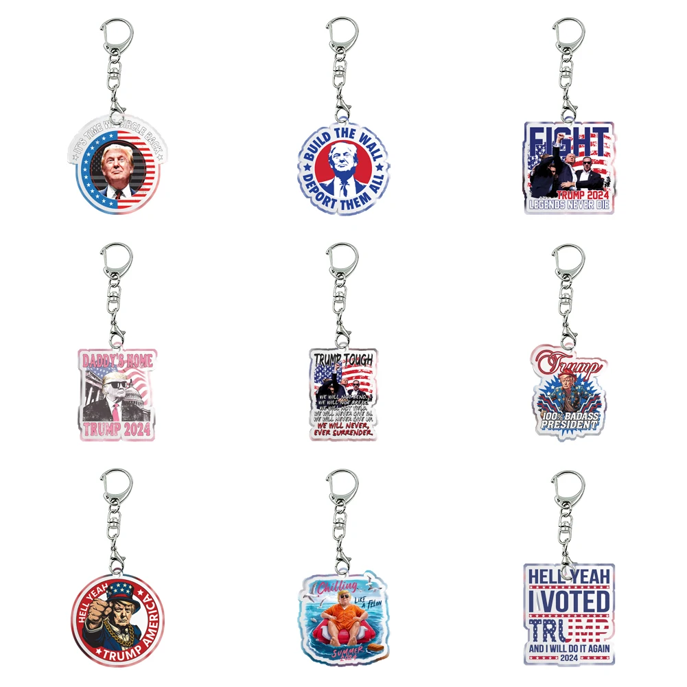 9 pcs/sets Bag Keychains Wholesale Trump American Transparent Acrylic White Resin Glitter Transparent Girls Gift DIY Accessories