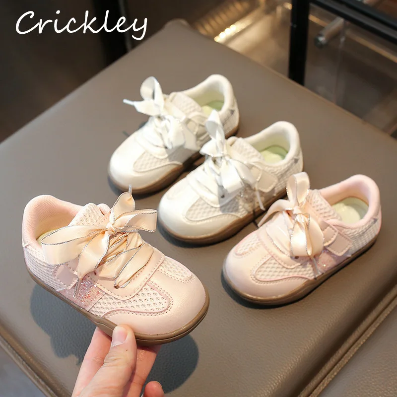 

Solid Bling Mesh Children Sneakers Bow Hook Loop Girls Princess Sport Shoes Breathable Anti Slip Kids Casual Shoes