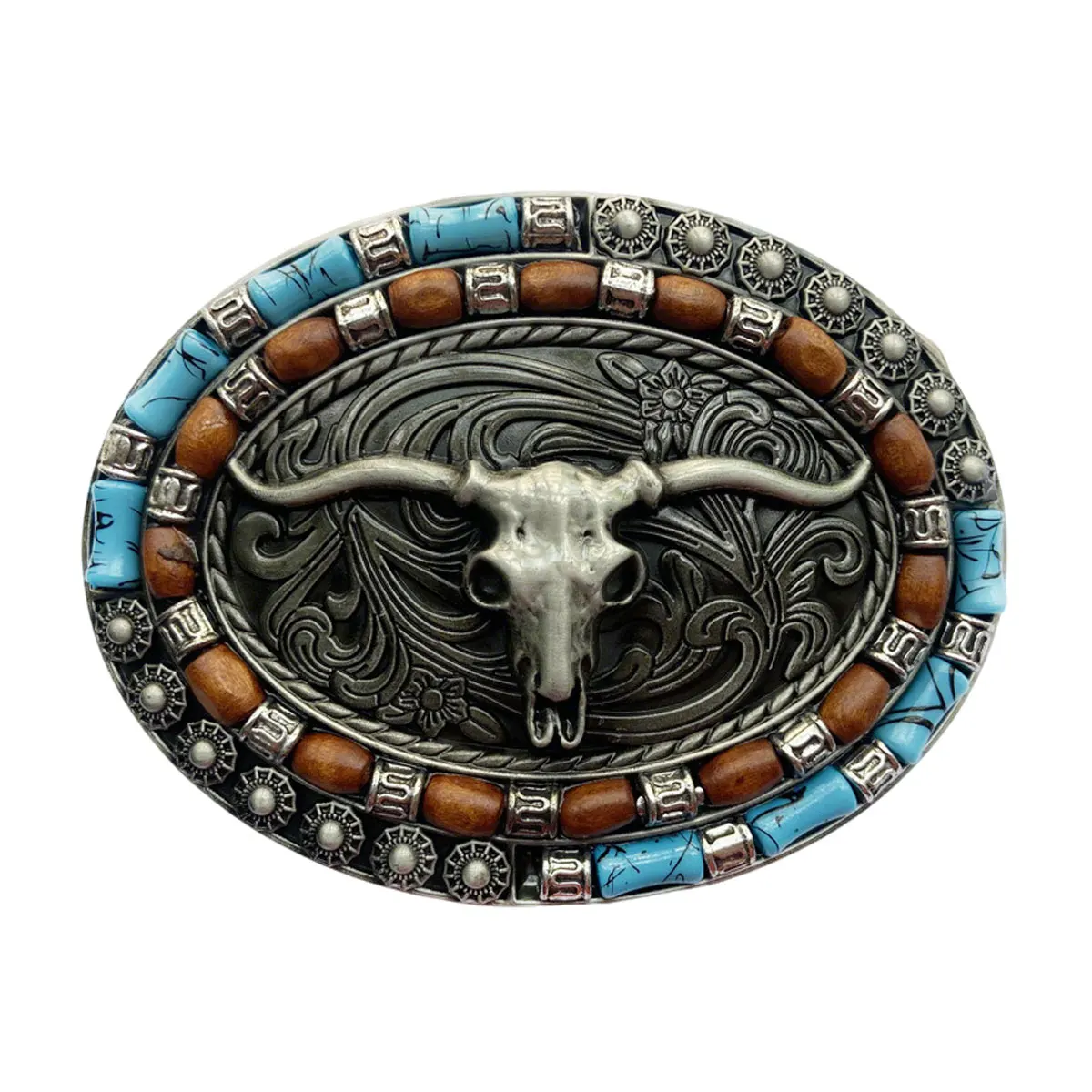 Retro Oval Longhorn Design Colored Bead Decoration Men's Belt Buckle