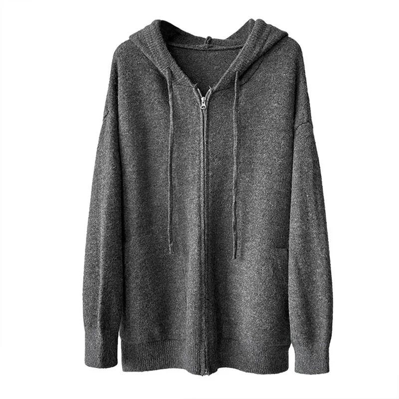 WHTREND خريف شتاء جديد الكورية نمط فضفاض تنوعا مقنعين سستة جيب الأغنام الصوف محبوك سترة معطف WH2039 #5