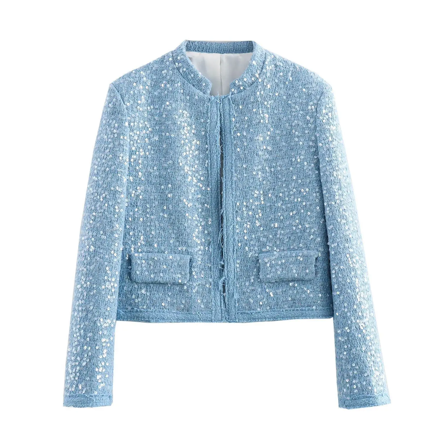 

2025 Autumn New Fashion Sequin Decoration Women Casual Coat Versatile Solid Color Female Casual Stand Collar Jacket