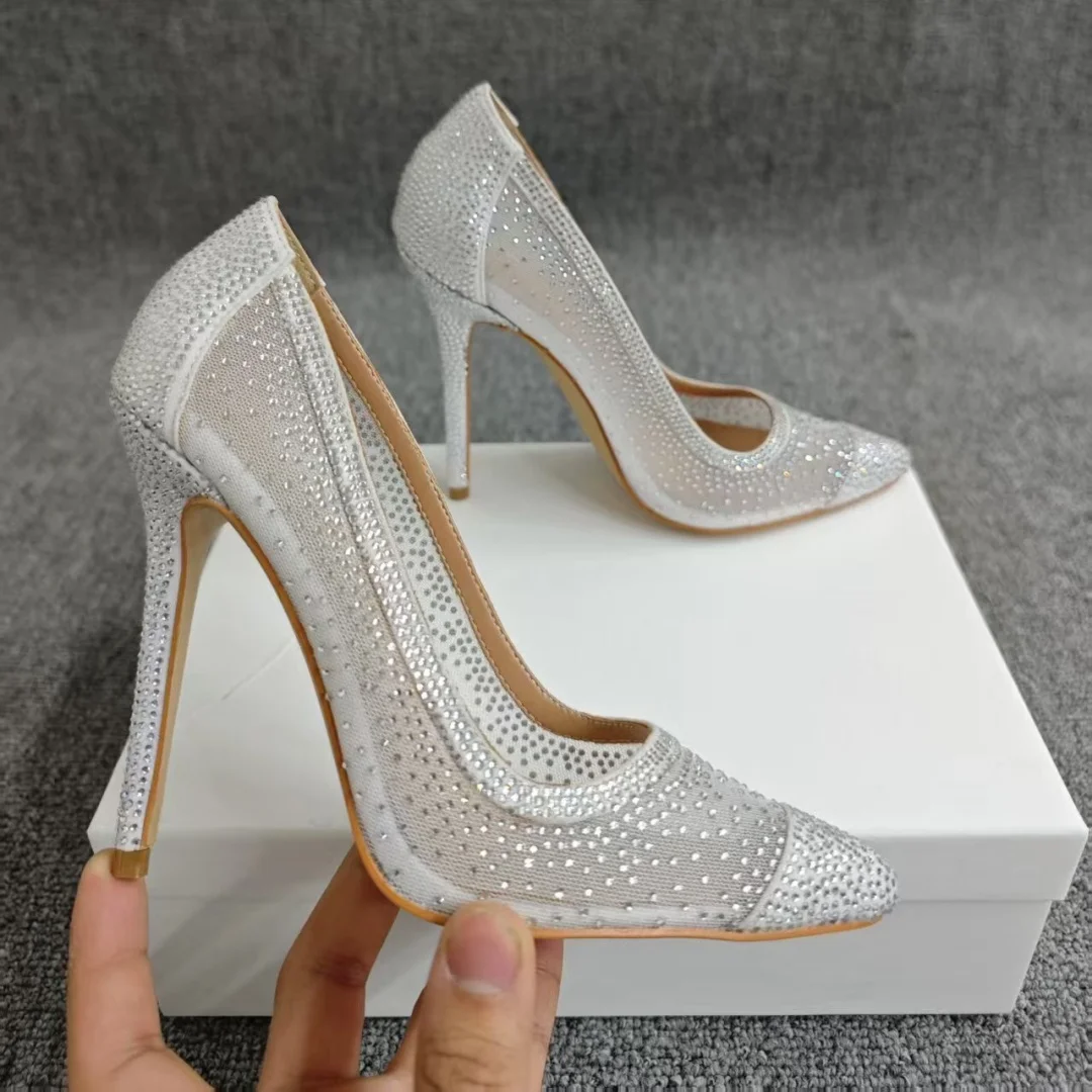 

Classic Hollow Mesh Single Shoes Women Full Diamond Rhinestones Pointed Toe High Heels 35-43 Large Size Dress Party Pumps Lady