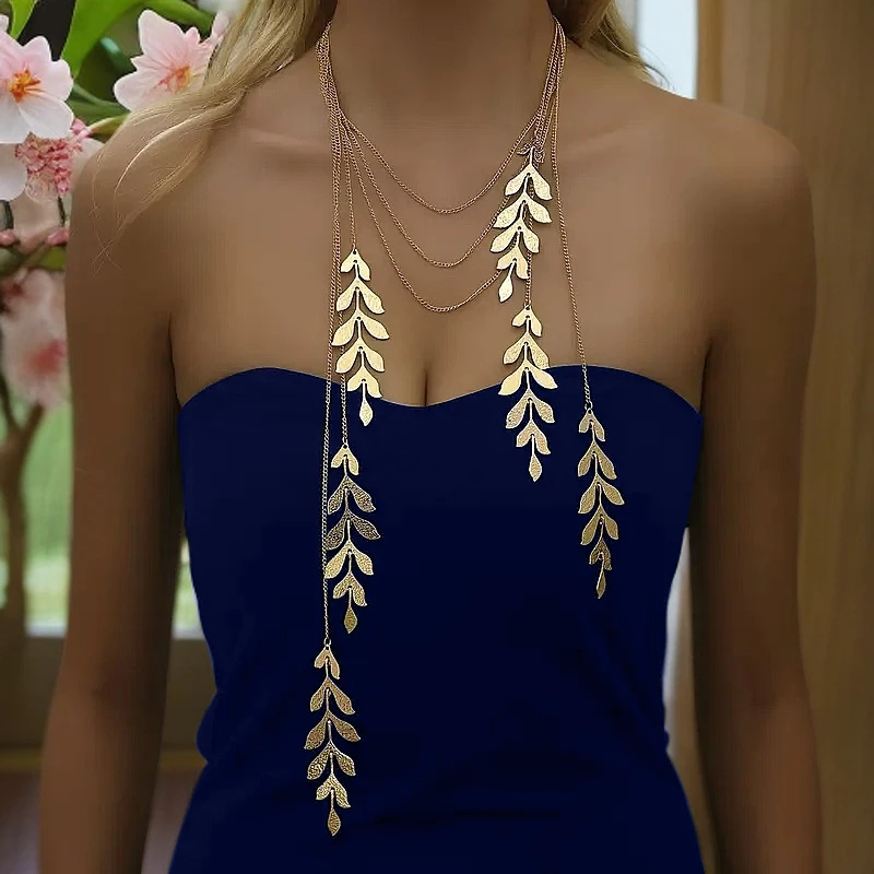 تصميم تحسس الذهب اللون أوراق معدنية طويلة شرابة قلادة للنساء خمر ليف المختنق الصدر سلسلة هدايا مجوهرات الزفاف الطرف
