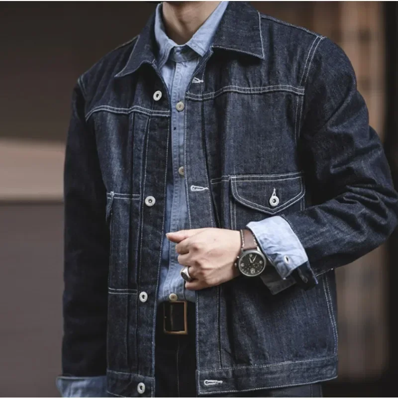 

Spring and autumn men's classic retro denim jacket high quality cotton solid color slim fit Ami Khaki style jacket size 2XL