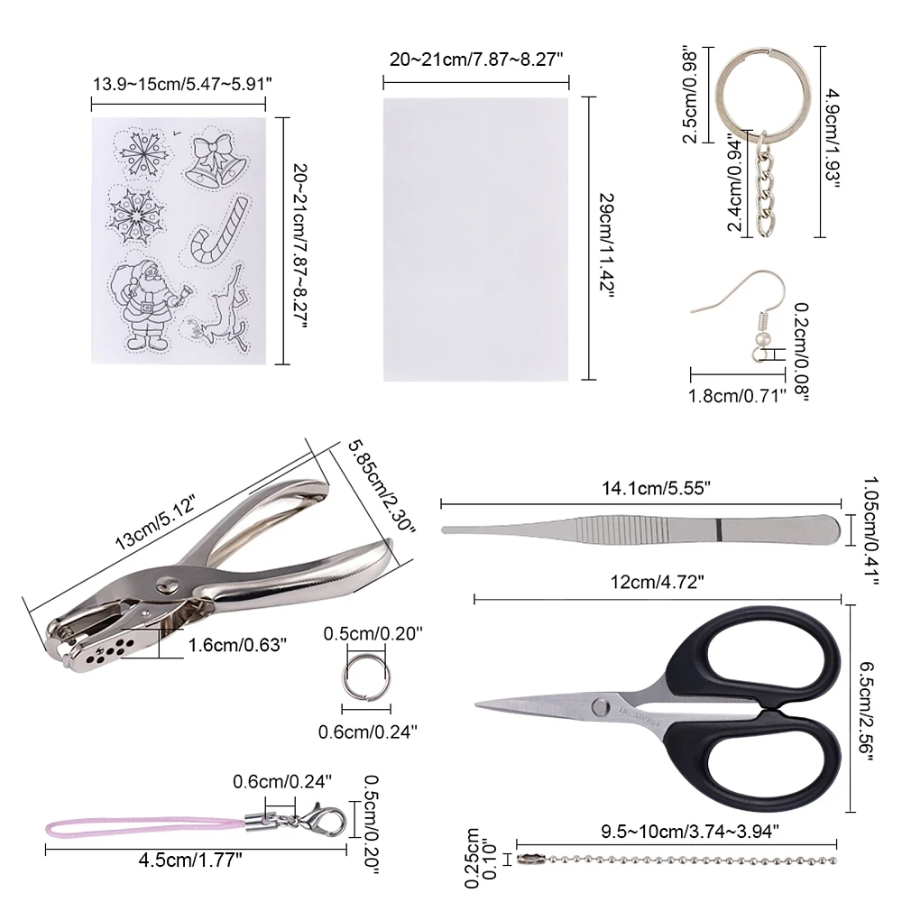 209 Pcs Heat Shrink Film Sheet Kit with Alloy Handheld Puncher Stainless Steel Tweezers Iron Split Key Rings Earring Hooks