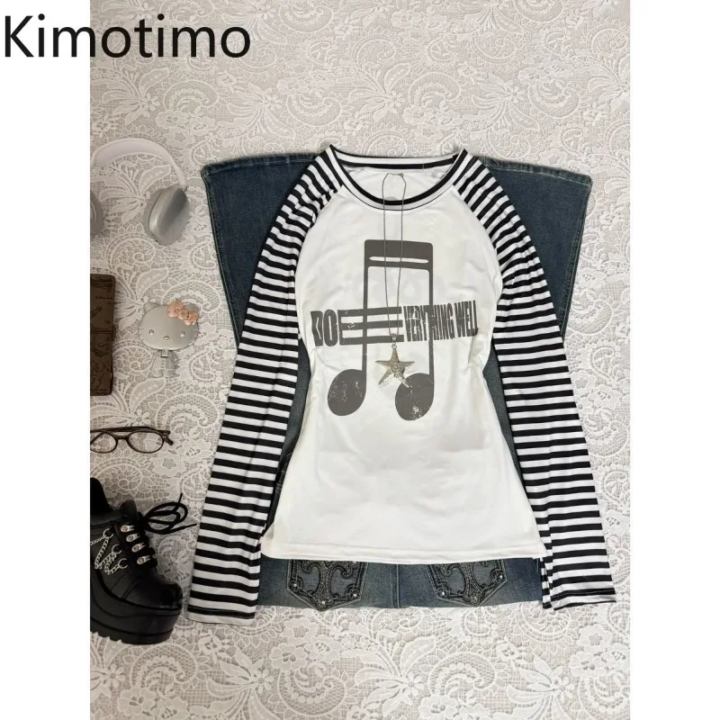 Kimotimo Y2k Striped Musical Note Print Patchwork Long Sleeve T-shirt Women Vintage Crew Neck Slim Tops Punk Grunge Casual Tees
