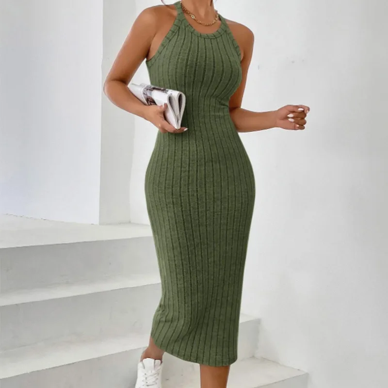 فستان نسائي بدون أكمام برقبة دائرية وحمالات رفيعة، فستان محبوك مضلع طويل وضيق للرياضة والاستخدام اليومي