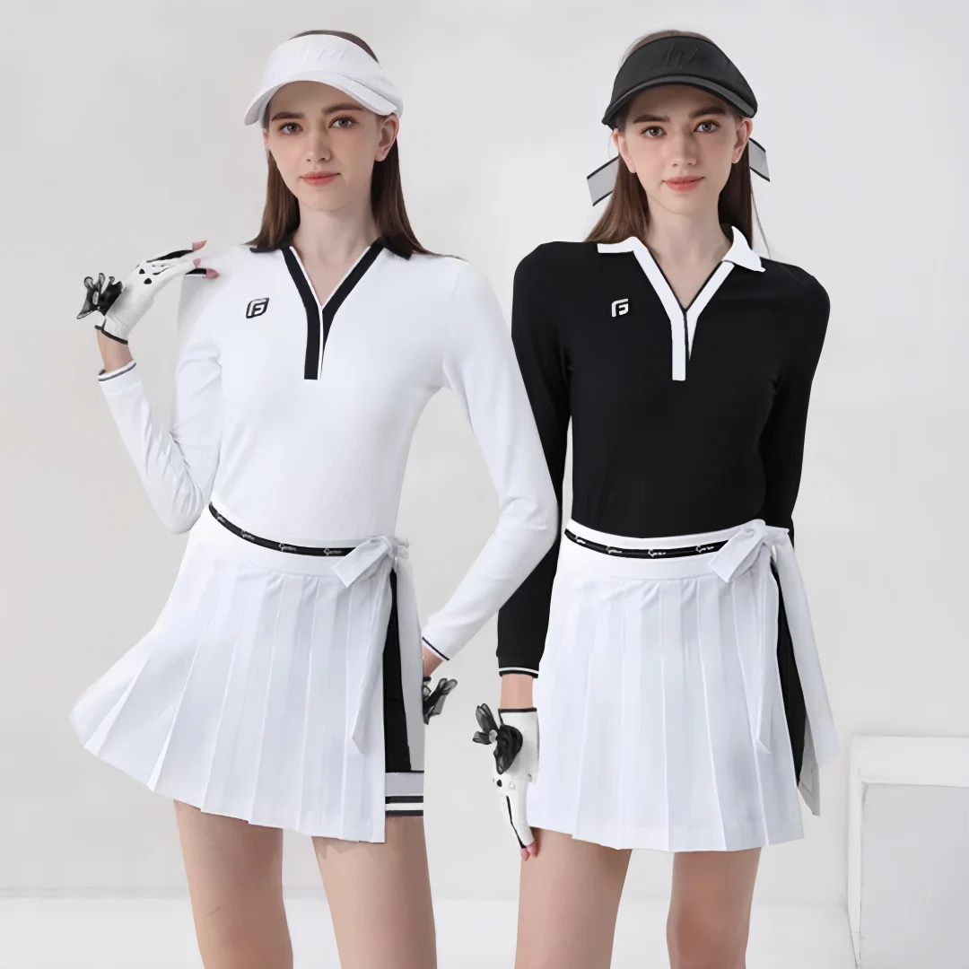 

Golf set women's autumn and winter long sleeved contrasting color top elastic pleated skirt slim fit and slimming golf women's