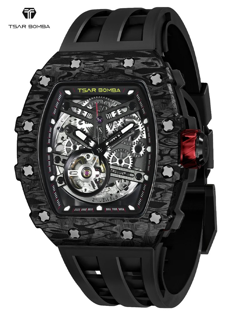 TSAR BOMBA Automatic Watch for Men Waterproof Skeleton Mens Mechanical Watches Top Brand Luxury Carbon Fiber Wristwatches