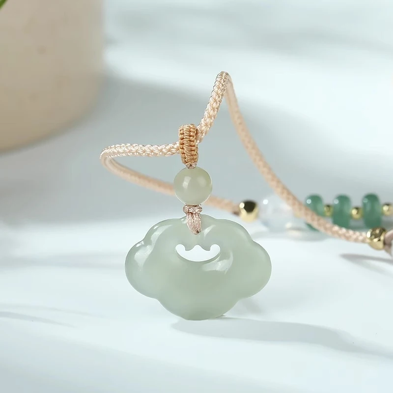 Natural Hetian Ruyi Lock Women, Jade Necklace with Braided Rope, Style Auspicious Cloud Pendant