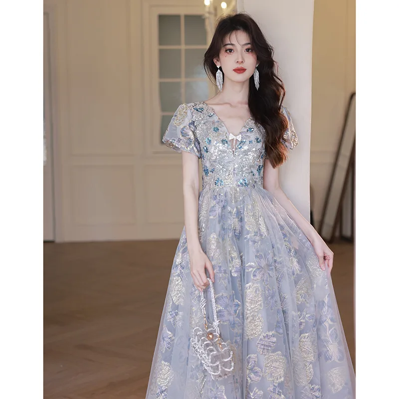 Formal Occasion Sequin V-neck Evening Dress Women Banquet Glitter Princess Ball Gown Elegant Lady Party Embroidery Long Dresses