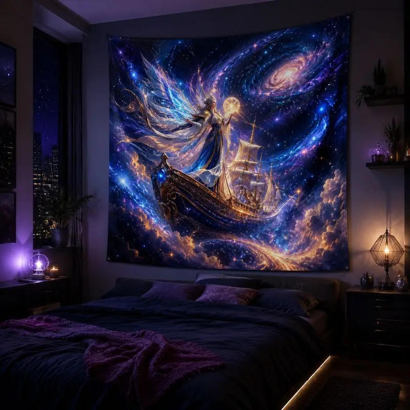 VIKAMA Galaxy Mermaid Anime Blacklight Tapestry, Neon Wall Hanging, Fantasy Aesthetic Wall Decor for Gaming Bedroom Dorm