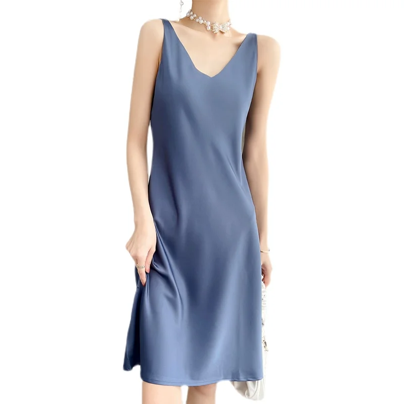 Envoltório de cetim de seda Dr feminino verão novo Sle V-ne Svel A-line Midi Dr cintura alta camada base de cor pura