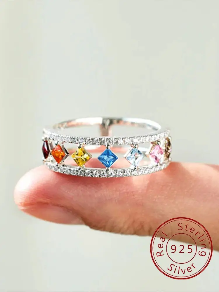 

925 Sterling Silver Fashion Colorful Hollow Squar Zircon Ring For Women Engagement Wedding Luxury High Quality Fine Jewely