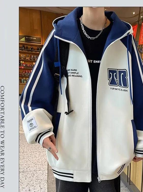 جاكيت بيسبول شتوي للمراهقين، معطف كاجوال فضفاض بمقاسات كبيرة، مصنوع من ألياف البوليستر، قابل للتنفس مع سحاب وغطاء للرأس #3