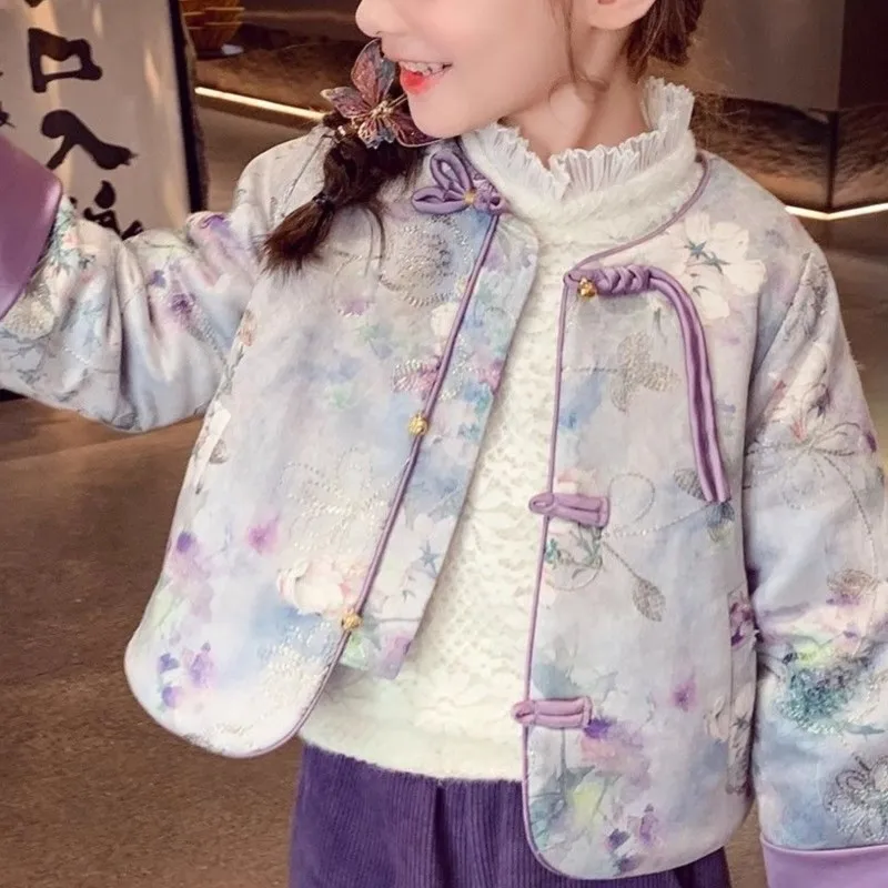 2Colors Girls' Winter New Chinese Tang style Coat 2026 New Children's Warm Top Pants 2-piece Set Girls' Chinese Button Top LJ142