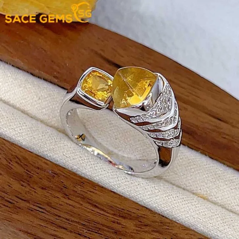 

SACE GEMS Fashion 925 Sterling Silver 7*7mm Natual Citrine Luxury Rings for Women Created Wedding Engagement Party Fine Jewelry