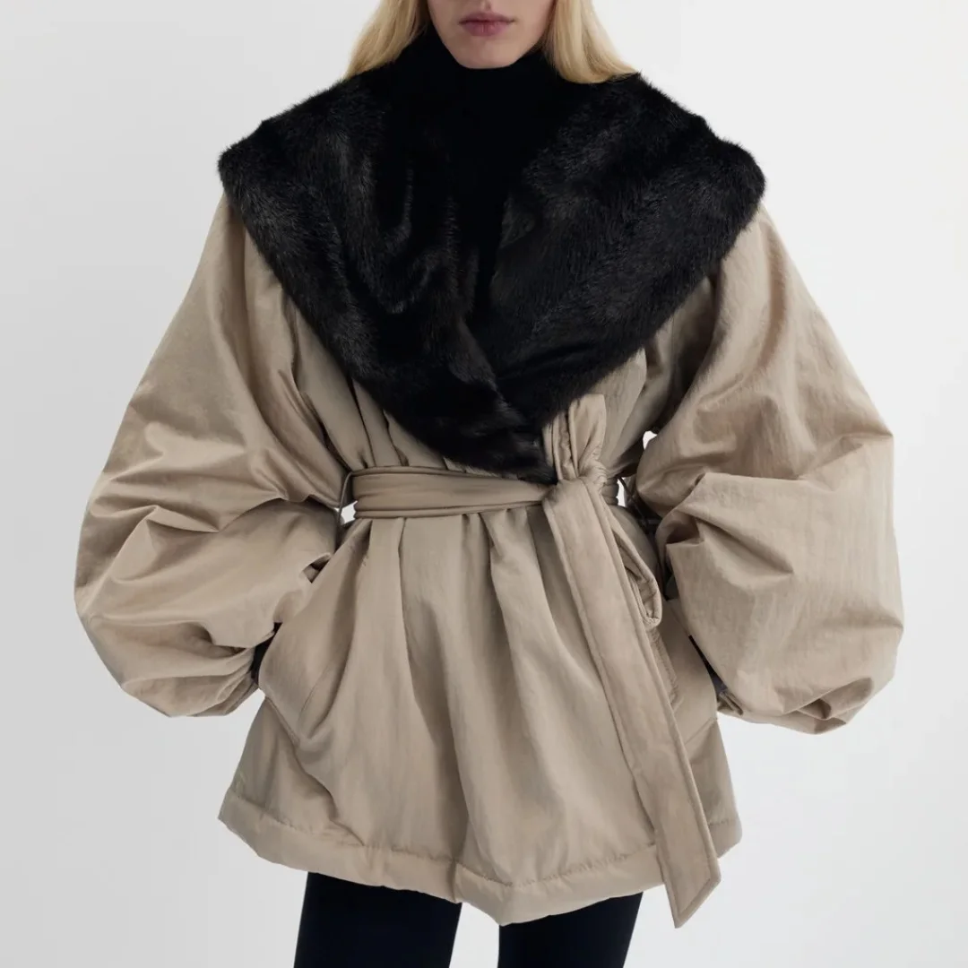 Women’s Fur-Trimmed Cotton Jacket with Belt – Loose-Fit Y2K-Inspired Outerwear for Winter 2026 – Stylish Commuter Coat bra