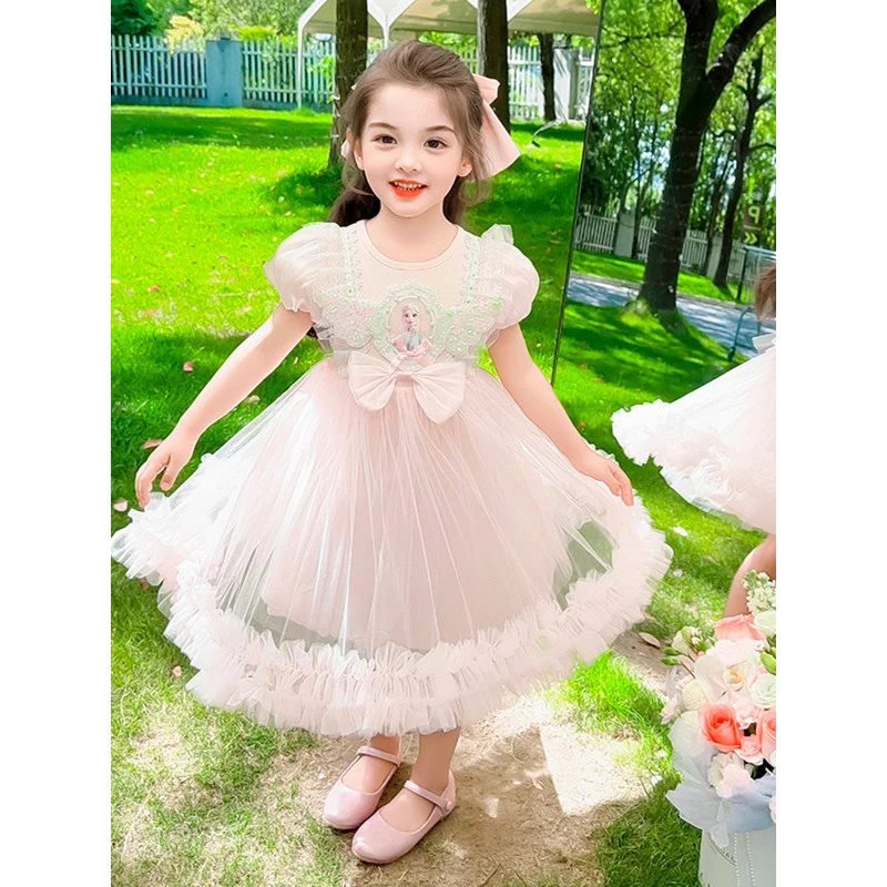 

Летнее платье принцессы Эльзы для девочек от 2 до 7 лет, розовое бальное платье с короткими рукавами и бантом, детское красивое платье с круглым вырезом