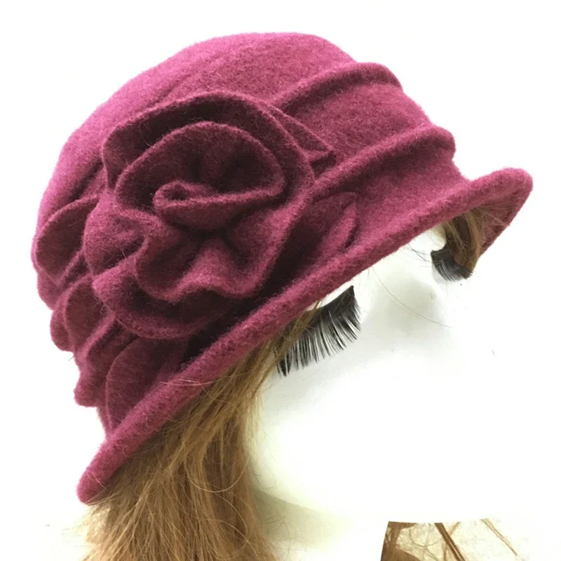 Vintage Retro Wool Men Hats Autumn Winter Female Warm Fedora Lady Luxury Elegant Felt Beret Cap Woman Chic Flower Cloche Hat