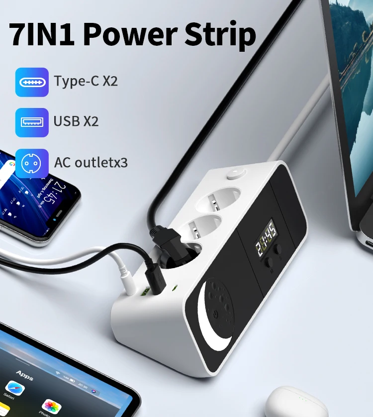 EU desktop Corner Power Strip 2 Meter Extension Cord Power Socket, a Model with a Small Night Light and Clock, 2 USB + 2 Type C