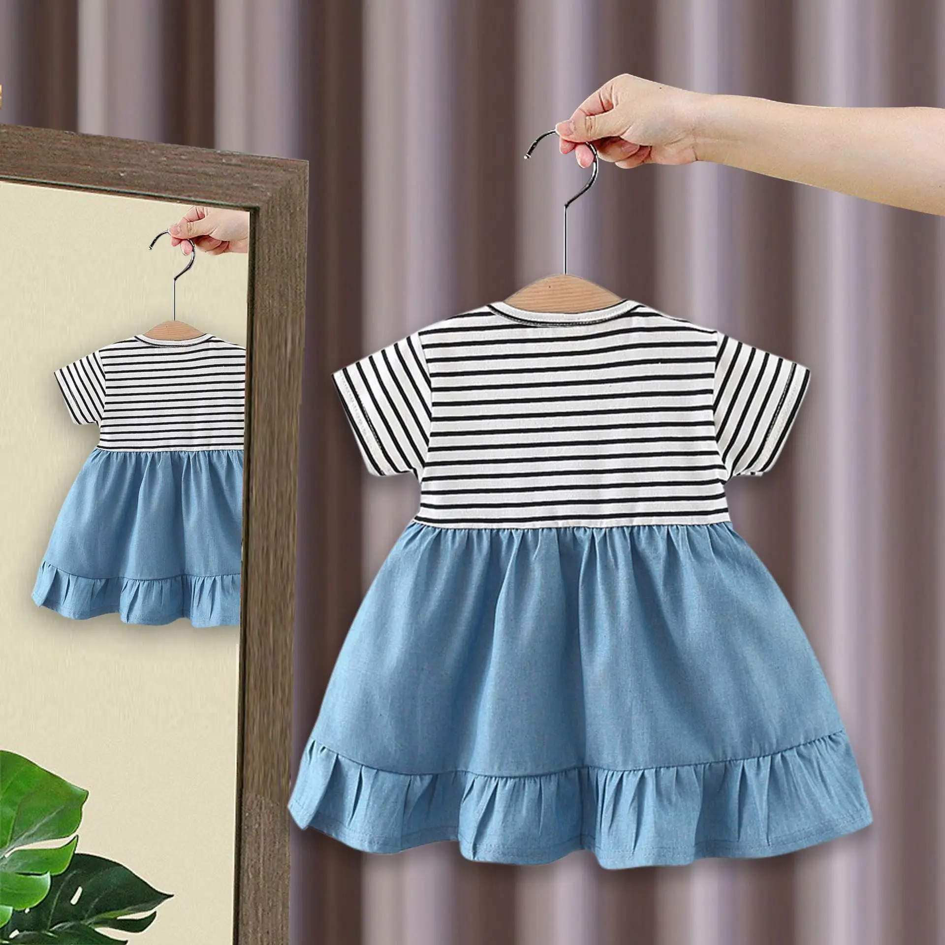 Summer 1 year baby's birthday infant girl's clothing pleated striped denim dress for newborn girls clothes casual dresses dress