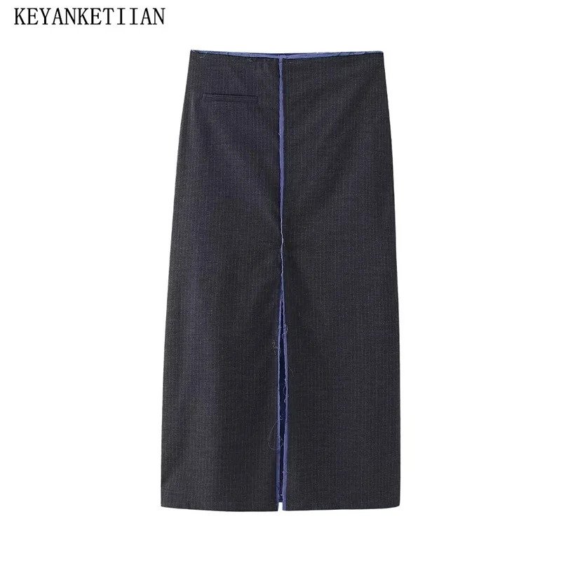 

KEYANKETIAN Autumn New Seam Detail Decoration Women's Contrast Color Jacquard Skirt High-Waisted Front Slit Ankle-Length Skirt