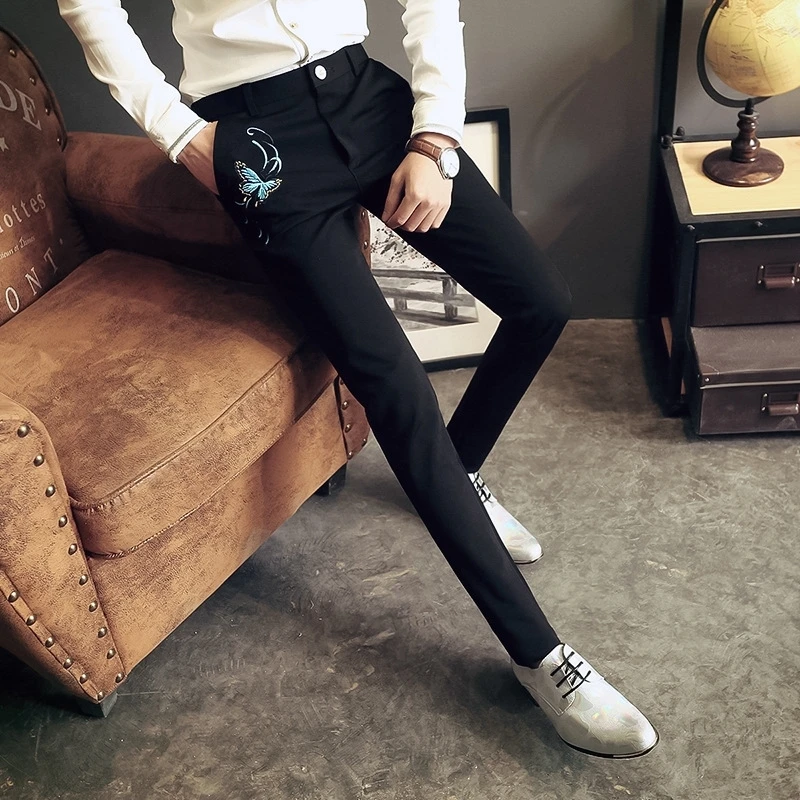 Tight Men's Summer Pants Slim Fit Elastic Tressed Embroidery Stretch Elegant Male Suit Trousers Stylish Thin Casual Luxury 2024