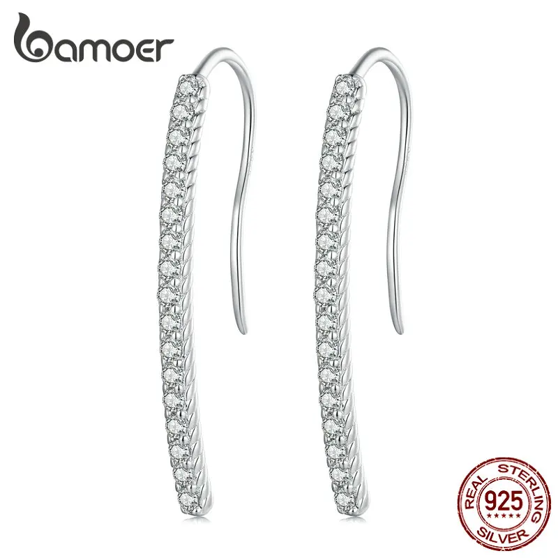 Bamoer 925 Sterling Silver Minimalist Line Hook Earrings Pave Setting CZ for Women Birthday Gift Fashion Fine Jewelry BSE748