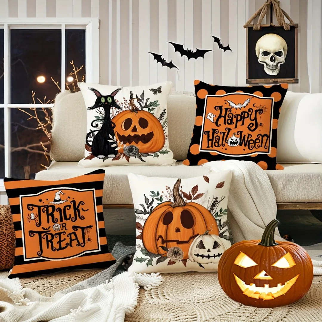 4Pcs Halloween Linen Cushion Cover Trick or Treat Theme Pillowcase Cat Pumpkin Pillow Cover Halloween Party Decoration 2025