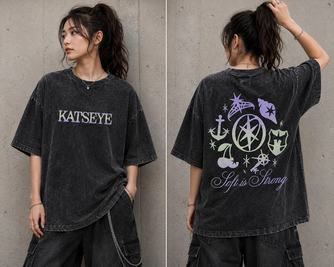 KATSEYE-Shirt, Mineral-Wash-T-Shirt, KATSEYE „Beautiful Chaos“-T-Shirt, KATSEYE-Merchandise, „Soft Is Strong“-T-Shirt, Oversized-Grafik-T-Shirt – Detail 2