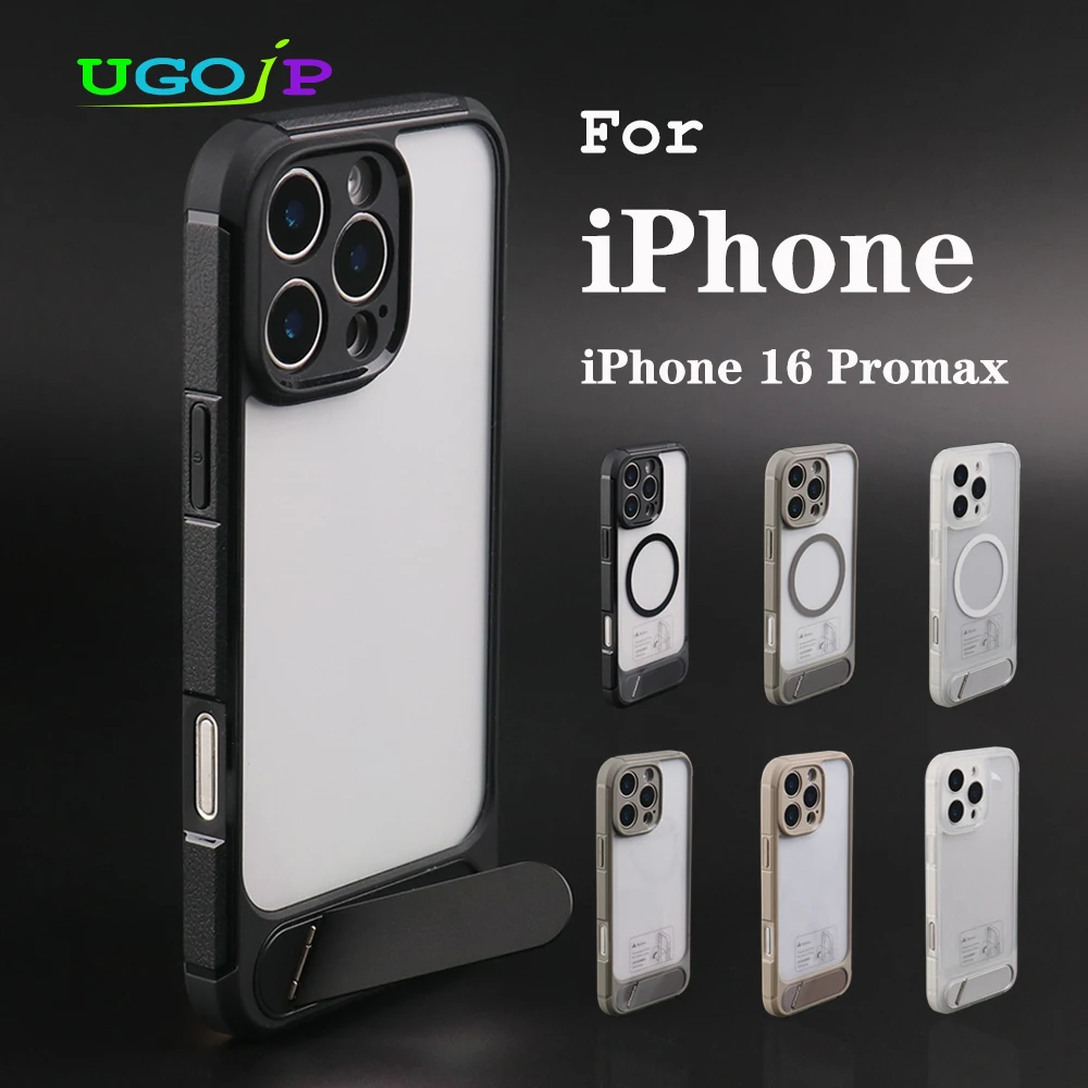 

UGOjP Case For iPhone 16 Pro Max Transparent Phone Case Metal Alloy Stand Anti-Fall Shockproof Clear Magnetic Protective Cover