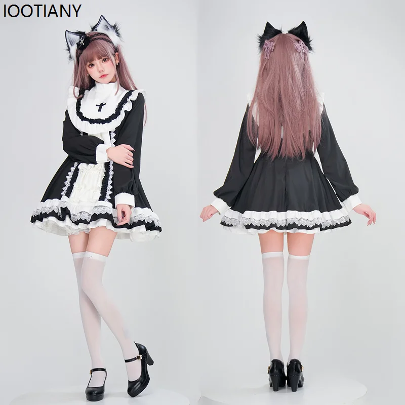 Women Gothic Cross Nun Cosplay Lolita Dress Ruffle Lace Edge Japanese Long Sleeve Set Black White Lolita Princess Tutu Dresses